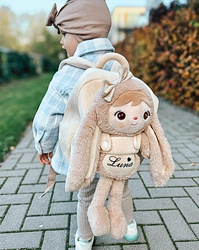 Metoo Personalized Smiled Fluffy Bunny with Bow Bacpack - Beige 2in1