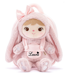 Metoo Personalized Smiled Fluffy Bunny with Bow Bacpack - Powder Pink 2in1
