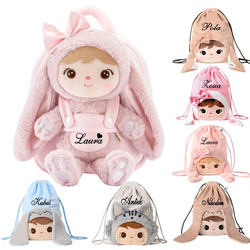 Metoo Personalized Smiled Fluffy Bunny with Bow Bacpack 2in1 - Powder Pink with  Bag - Set