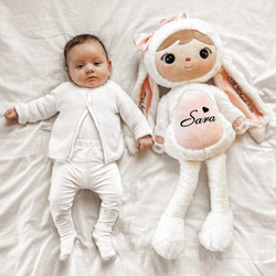 Metoo Personalized Smiled Fluffy Bunny with Bow - White XL Doll 70 cm